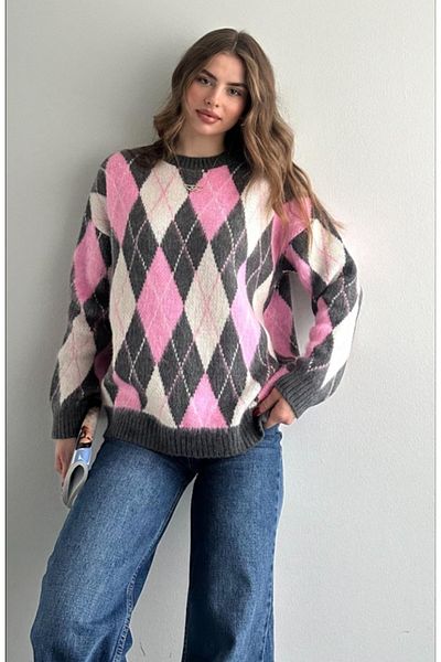 fujya Pulover roz Wully Knitwear - Decolteu, imprimeu în carouri și panglică