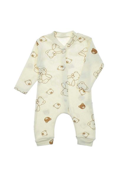 dinamik çocuk Teddy Bear Printed Unisex Baby Jumpsuit - Ribbed Fabric, Snap Fastener, 100% Cotton, Flexible, 1-3-6 Months