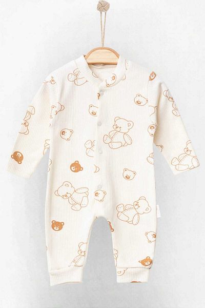 dinamik çocuk Teddy Bear Printed Unisex Baby Jumpsuit - Ribbed Fabric, Snap Fastener, 100% Cotton, Flexible, 1-3-6 Months