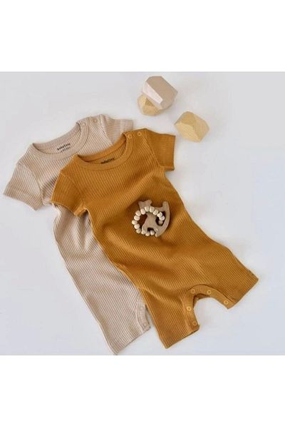 BabyCosy بذلة مودال بأكمام قصيرة باللون البيج الخردل للأطفال مكونة من قطعتين