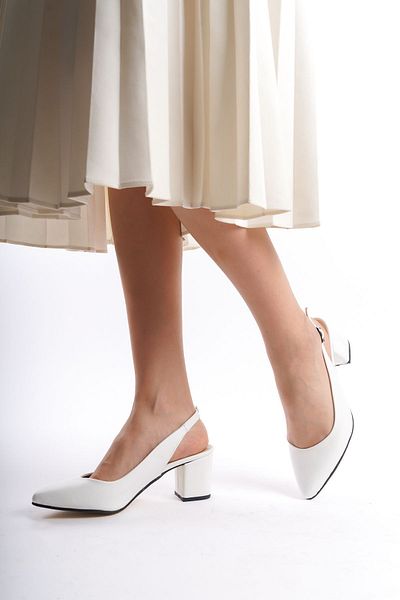 YASEMİN Pantofi de damă cu piele albă cu cataramă deschisă la spate cu toc gros de 6 cm - Fleur