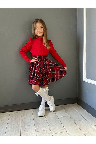 Yavrumsa Girl's Red Badi and Plaid Skirt Set