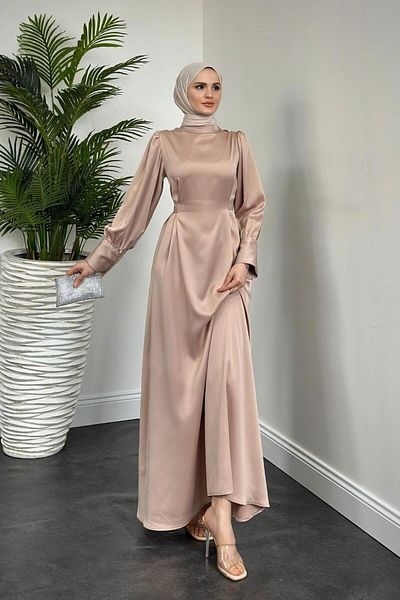 MERVEN AKYÜZ Emora Ecru Satin Dress - Belted