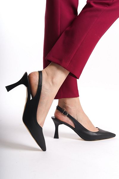 YASEMİN Pantofi cu toc clasic de 8 cm pentru femei, piele neagră, cu cataramă deschisă, cu vârf ascuțit - Rhaella
