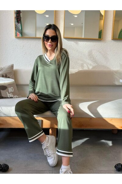 Viyamo Women's Long Sleeve Rib Detail Viscose Two Thread Double Suit