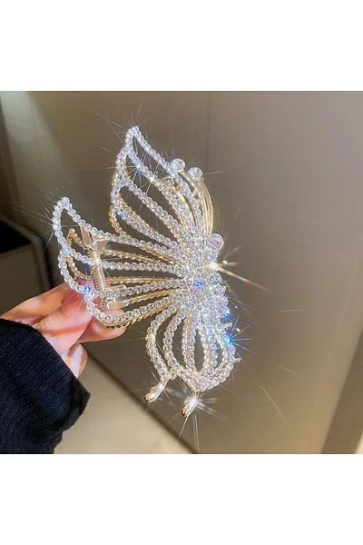 QUEEN AKSESUAR حجر كريستال معدني فاخر بنمط فراشة كبيرة ومشبك مشبك فضي رمادي لامع