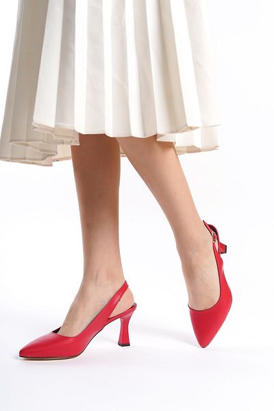 YASEMİN Women's Red Skin Open Back Buckle Ovis Pointed Toe 8 cm Classic Heeled Shoes - Rhaella
