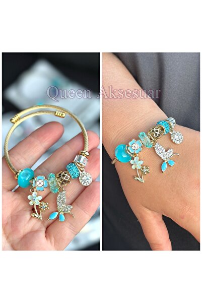 Queen Nelly سحر أزرق - سوار من الفولاذ المقاوم للصدأ بنمط فراشة زهرة اليعسوب ...