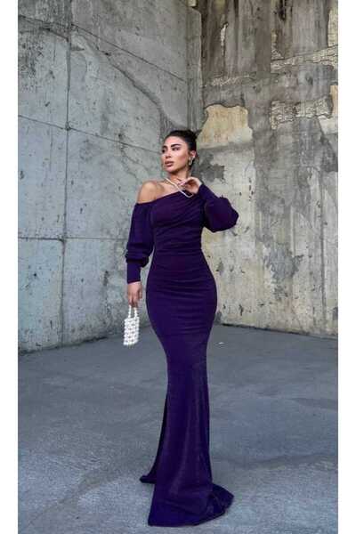 HESİODOS Silvery Purple Color Evening Dress with One Shoulder Detail Wedding ...