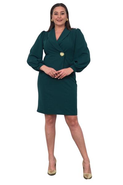 Moda Amore Women's Evening Dress - Plus Size, Jacket Neck, Balloon Sleeves, Button Detail 020
