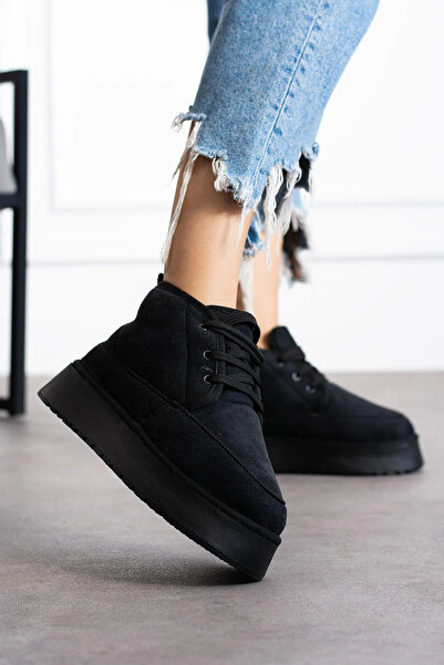 Miss dark Kadın Siyah Süet İçi Kürklü Kalın Yüksek Taban Yarım Bağcıklı Mini Bot