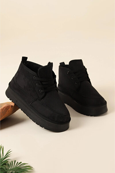 Miss dark Kadın Siyah Süet İçi Kürklü Kalın Yüksek Taban Yarım Bağcıklı Mini Bot