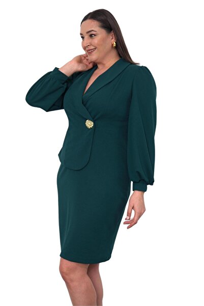 Moda Amore Γυναικείο βραδινό φόρεμα - Plus Size, Σακάκι γιακά, Μπαλόνι μανίκια, Λεπτομέρεια με κουμπιά 020