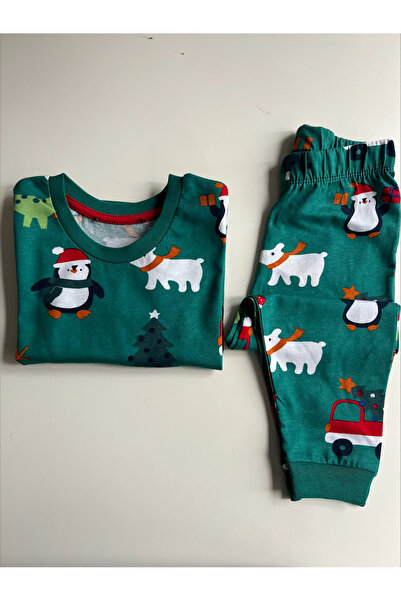 zeyberya YEŞİL KARDAN ADAMLI ÇOCUK YILBAŞI PİJAMA TAKIMI-UNİSEX