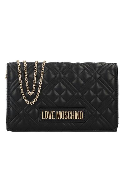 Love Moschino حقيبة كتف نسائية من الجلد الأسود بتفاصيل خياطة وسلسلة وشعار ذهبي وحزام كتف Jc4079pp1mla0-000