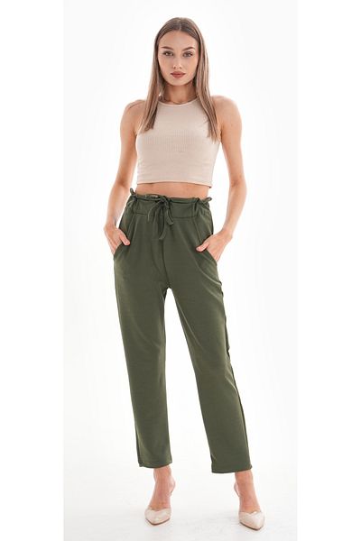 DEVRİMAY TEKSTİL Pantaloni din crepon cu tăietură morcov, kaki, cu talie înaltă, cu buzunare din lycra și talie elastică