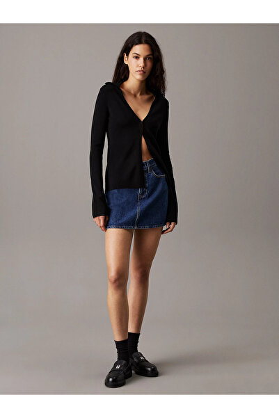 Calvin Klein Kadın Slim Fit Düğme Kapamalı Çentikli Yaka Uzun Kollu Siyah Hırka J20J224800-BEH