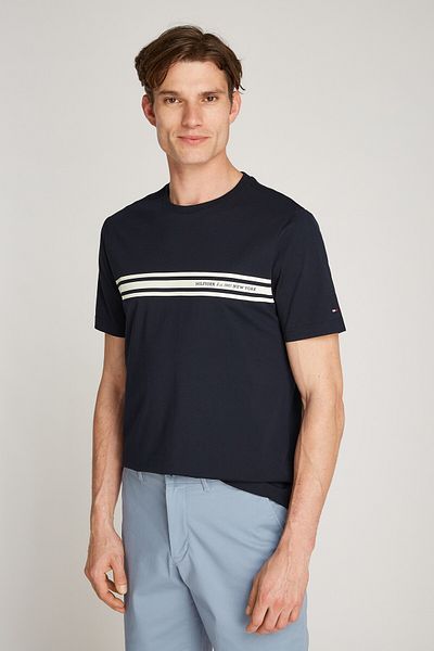 Tommy Hilfiger Men's Blue Striped Round Neck Cotton T-Shirt - Short Sleeve with Front Stripe Mw0Mw37443-Dw5