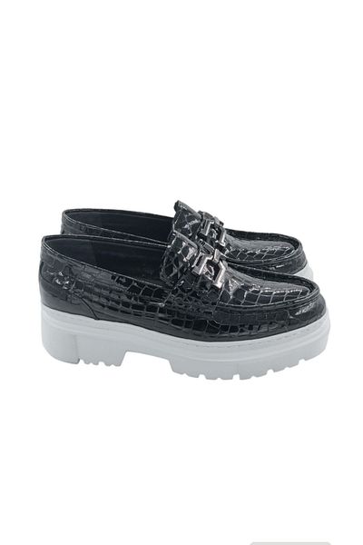 MİLONEK 20241308221   Men's Black Loafer - Crocodile with Buckle and White Sole
