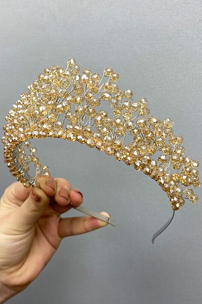 Hobigram Honey Color Crystal Beaded Aren Bridal and Henna Crown for Most Beautiful Brides
