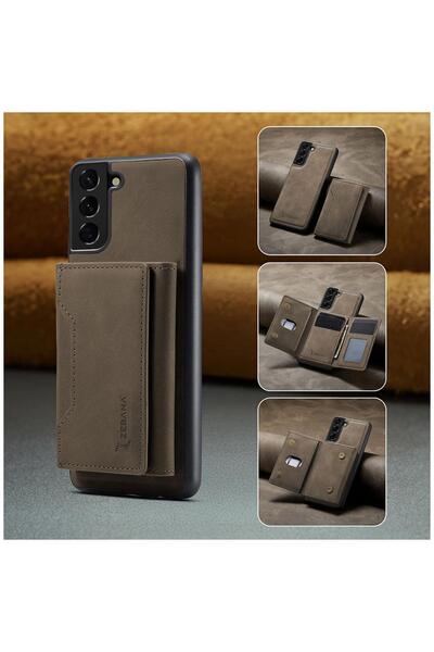 Zebana Samsung Galaxy S21 FE 5G Uyumlu Kılıf Zebana 2in1 Elite Class Cüzdanlı Deri Kılıf Koyu Kahverengi
