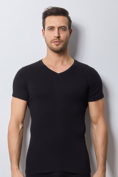 Svm Erkek 2'li Ribana likralı V Yaka Tişört