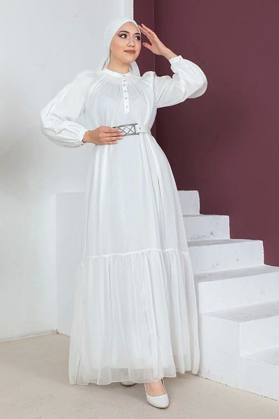 PHELDA Άνετο βραδινό φόρεμα Hijab με ζώνη 746-λευκό