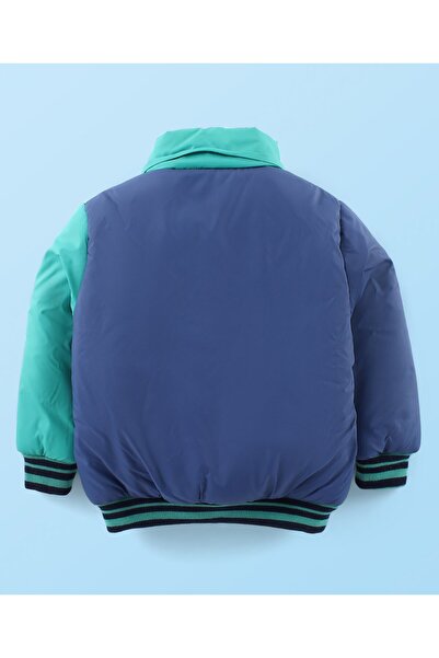 Babyhug Babyhug Woven Full Sleeves Padded Hooded Jacket With Cut & Sew Design & Text Detailing - Teal Blue
