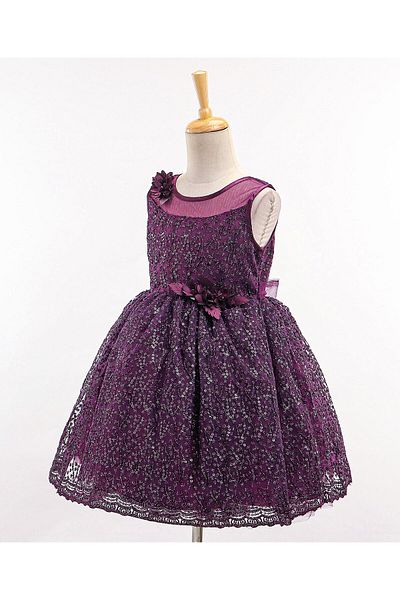 Babyhug Babyhug Sleeveless Sequinned & Floral Applique Party Frock - Aubergine