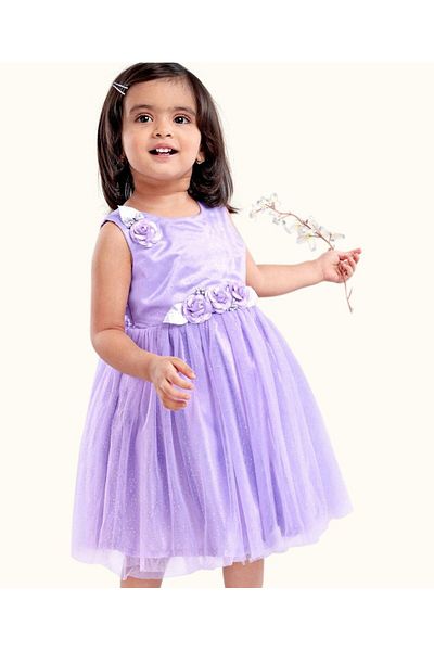 Babyhug Floral Applique Party Frock - Purple