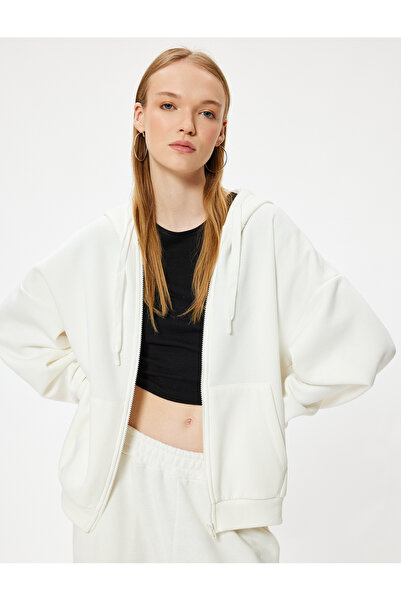Koton Oversize Hooded Zippered Sweatshirt - Ribbed Raster with Pocket Detail