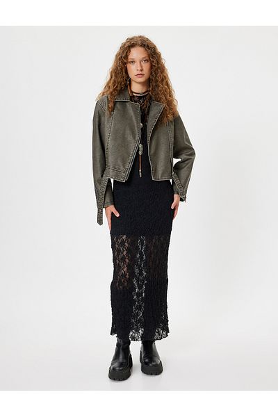 Koton Faux Leather Biker Jacket Distressed Zipper Pocket Belt Detail