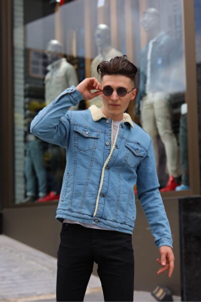 WKM Ανδρικό μαύρο τζιν μπουφάν με λευκή γούνα εσωτερικά