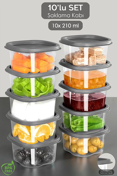 Meleni Home 210ml Anthracite 10 Pieces Square Food Storage Container - Refrigerator and Microwave Freezer Set