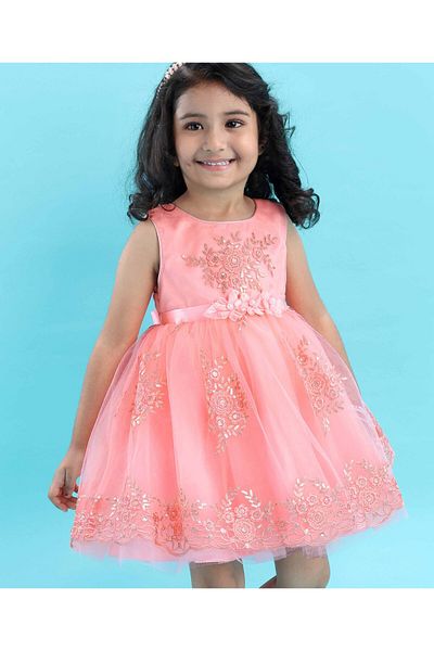 Babyhug Sleeveless Embroidered Party Frock -  Peach