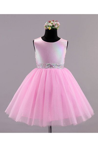 Babyhug Babyhug Sleeveless Party Wear Frock Sequinned & Foil Print - Pink