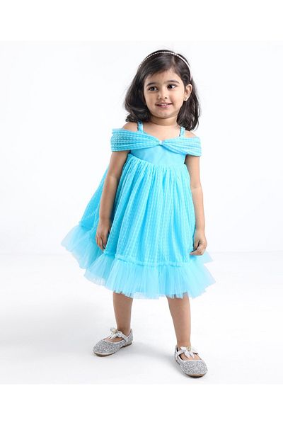 Babyhug Babyhug Sleeveless Pleated Mesh a Line Party Dress - Sky Blue