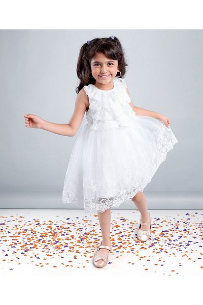 Babyhug Sleeveless Party Wear Frock Embroidered - White
