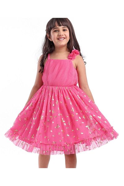 Babyhug Sleeveless Party Frock with Butterfly Foil Printed - Magenta