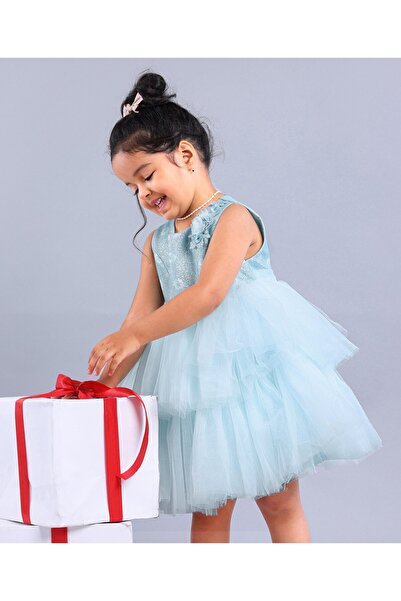 Babyhug Party Wear Sleeveless Frock Floral Appliques - Light Blue