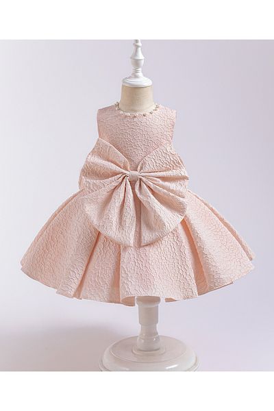Kookie Kids Kookie Kids Pearl Embellished Bow Front Textured Party Dress - Pink