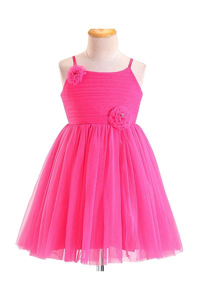 Babyhug Woven Sleeveless Mesh Party Frock With Floral Applique - Fuchsia