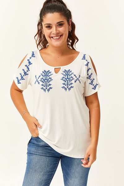 Ebsumu Women's Plus Size Off-the-Shoulder Embroidered White Blouse