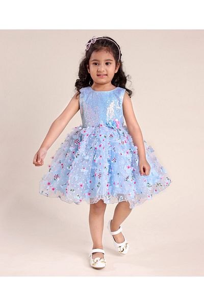 Babyhug Woven Sleeveless 3D Butterfly Fabri Party Dress Floral Corsage Sequin Embellished-Light Blue