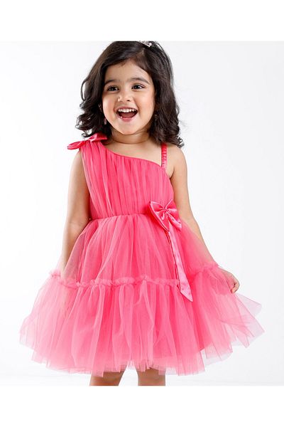 Babyhug Sleeveless Mesh Party Frock with Bow Applique -  Magenta