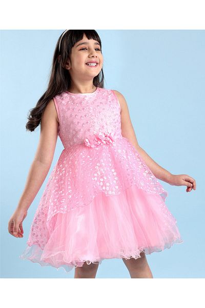 Babyhug Sleeveless Embroidered Party Frock with Floral Applique -  Light Pink