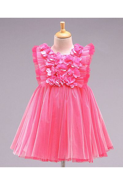 Babyhug Short Frill Sleeves Party Wear Frock with Corsage - Fuchsia