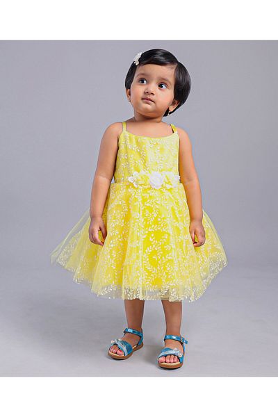 Babyhug Sleeveless Glitter Printed Party Frock - Yellow
