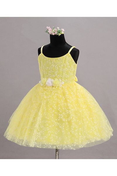 Babyhug Sleeveless Glitter Printed Party Frock - Yellow