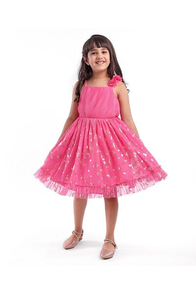 Babyhug Sleeveless Party Frock with Butterfly Foil Printed - Magenta